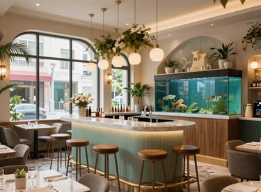 Modern luxury bar interior with a marble counter, stool seating, and a large fish tank aquarium.