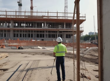 A vibrant construction site showing workers installing eco-friendly materials surrounded by greenery.