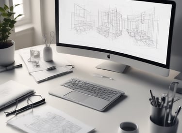 A futuristic workspace showing multiple design concepts floating around a user.