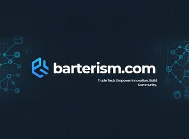 a dark blue and white logo with the word,'barterism com '