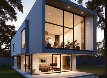 Modern prefabricated metal structure house surrounded by greenery under a clear sky.