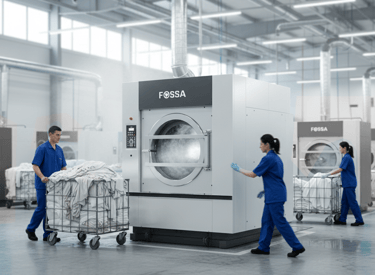 Staff using professional FOSSA industrial washing machines in a large commercial laundry facility.