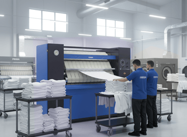 Workers operating a blue commercial flatwork ironer in a modern industrial laundry facility.