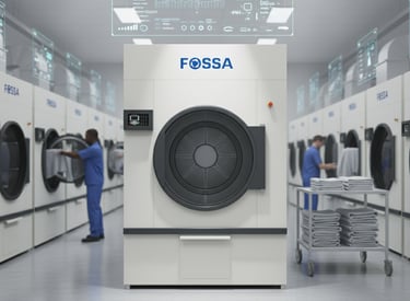 Industrial commercial washing machines in a modern smart facility with digital HUD interface displays.