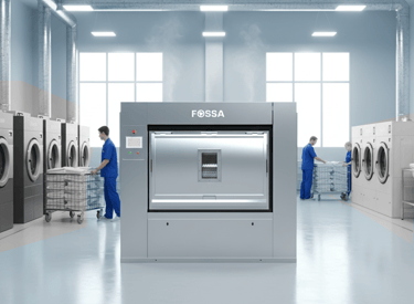 Staff using industrial washing machines and a large FOSSA commercial laundry extractor in a clean facility.