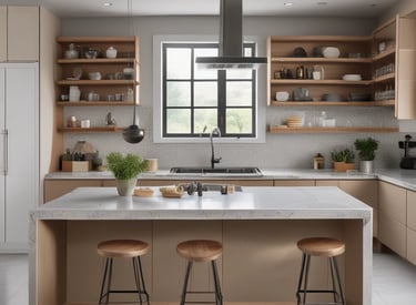 Modern custom kitchen with sleek metal and wood finishes in a bright, open space.