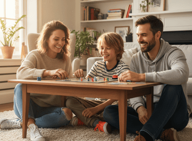 A happy family plays a tabletop board game together on a living room rug during a fun game night.
