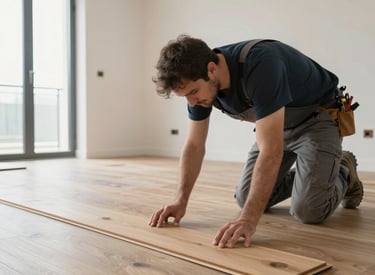 Technician carefully applying patterned wallpaper on a smooth wall surface.