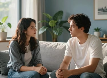 Photography of two people talking supportively in a modern North American living room. Soft afternoon sunlight, indoor plants, light gray and blue tones in the decor. Warm and empathetic atmosphere.