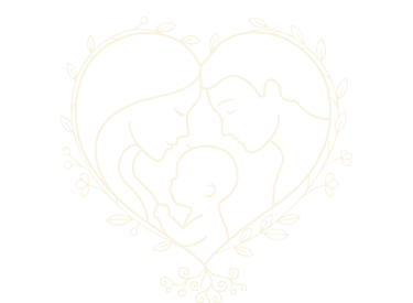 Logo crème de L'Amour du Lien, deux parents avec un bébé dans un coeur entourés de branche symbolisant la vie