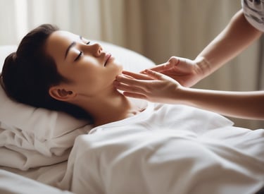 A tranquil healing room bathed in soft blue and green light with comfortable seating for therapy sessions.