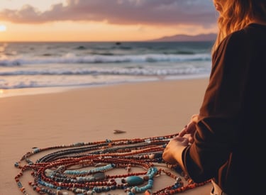 una persona comprando un collar de macrame y de fondo una playa de mexico amaneciendo