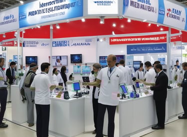 Medical professionals networking at Arab Health exhibition.
