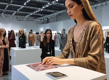 Colorful food stalls and chefs presenting dishes at Gulfood exhibition.