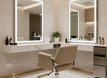A welcoming reception area with cream and black tones, featuring a digital sign-up tablet on the counter.