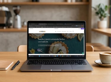 MacBook Pro sobre una mesa de madera mostrando el sitio web de una reposteria tradicional