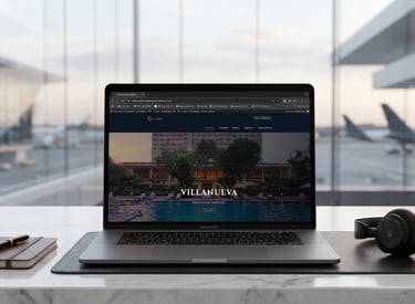 sitio web de un hotel de lujo junto a unos audífonos y una libreta en una sala de espera