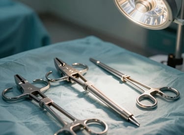 Close up of sophisticated spinal retractor systems and bone rongeurs, professional lighting, shot in a pristine South Asian / Pakistani surgical context.