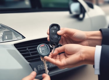 Elegant minimalistic image of a car key and documents on a black and gold background.