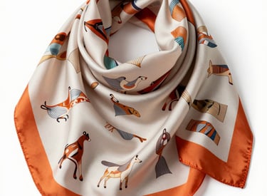 A neatly folded collection of colorful square scarves displayed on a wooden table with soft natural light.