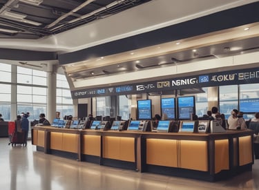 A happy traveler checking flight options on a laptop with a cup of coffee nearby.