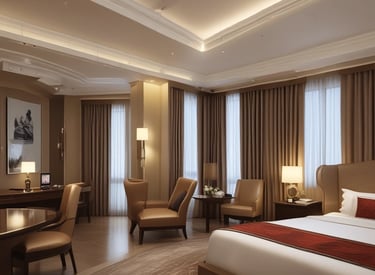 Cozy hotel room with a large window showing a beautiful cityscape at sunset.