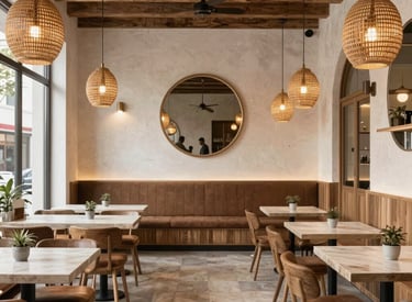 Seating area featuring industrial furniture and concrete textures.