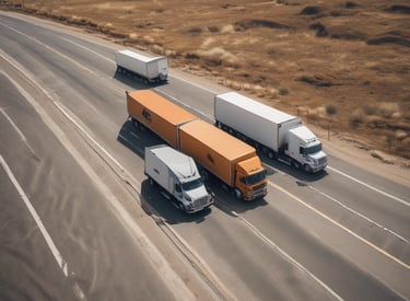 Dry box trucks loaded and ready for transport on a highway.