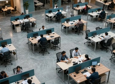An aerial view of a clean, modern corporate workspace in an Indian technology park, featuring spacious desks and professionals working in a calm, collaborative environment, teal and slate blue accents.