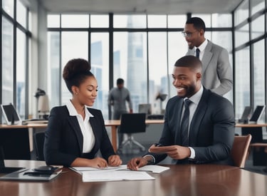 A friendly consultant meeting with a small business owner in a cozy office setting.