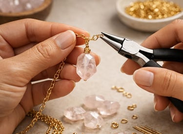 Bisutería con colgante de cuarzo rosa y cadena de oro.