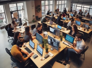 A diverse team collaborating over laptops in a bright, modern office space filled with technology and creativity.