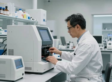 A professional wide shot of a modern laboratory in North America where a researcher is interacting with high-tech equipment. The aesthetic is clean and innovative, with a palette of off-white and soft grey.