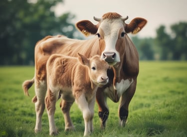 A happy cow grazing peacefully in a sunlit organic farm, symbolizing care and ethical farming.