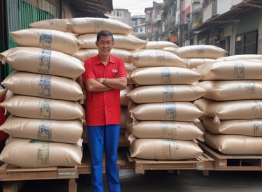 Bags of fortified rice stacked in a warehouse ready for distribution