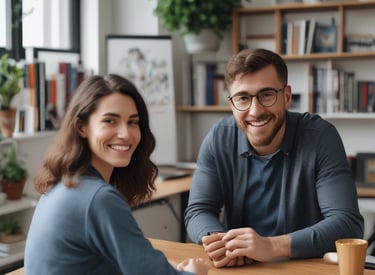 A smiling coach and client sharing ideas over coffee in a cozy, bright room.
