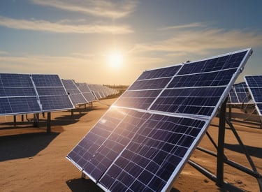 Rows of sleek solar panels gleaming under a bright, clear sky on a sunny day.