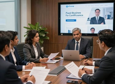 Indian professionals engaged in a focused discussion around a conference table in a modern corporate office.
