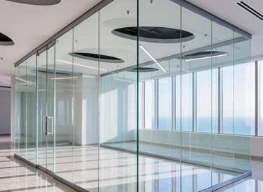 Cloison vitrée avec film dépoli et sablage personnalisé pour bureau