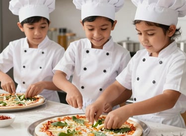 Happy children making their own pizzas with fresh ingredients on wooden table