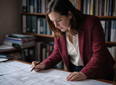 a woman in a red jacket is writing on a paper