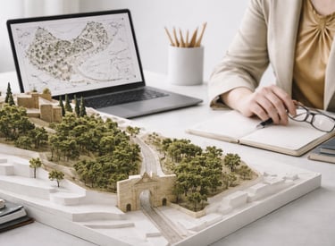 Consultoría técnica de patrimonio en Granada: maqueta de entorno BIC junto a ordenador portátil con