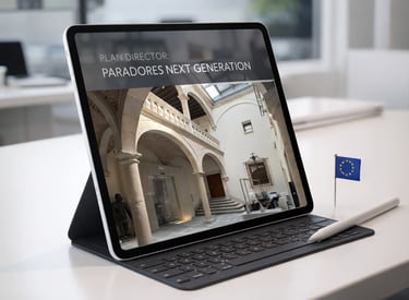 Tablet mostrando la portada del Plan Director de Conservación de Paradores (Mérida, Cáceres, Trujill