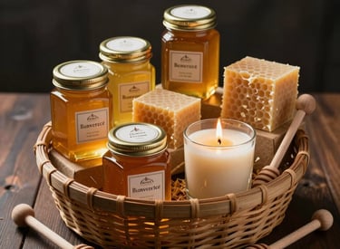 An elegant warm photography shot in North American / US, displaying curated corporate gift baskets filled with artisanal hexagonal jars of golden honey, natural beeswax candles, and wooden honey dippers resting on a dark wood tabletop.