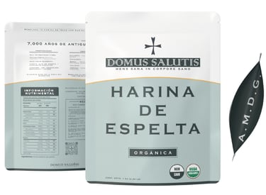 Harina de Espelta Orgánica Domus Salutis — vista frontal y reverso con tabla nutrimental