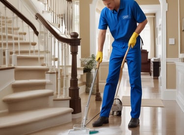 A bright living room with freshly vacuumed carpets and dust-free surfaces.
