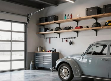 A bright, tidy living room with neatly arranged shelves and cozy accents.