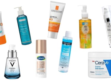 Flat lay of popular skincare products including La Roche-Posay sunscreen, Vichy serum, and CeraVe moisturizer.