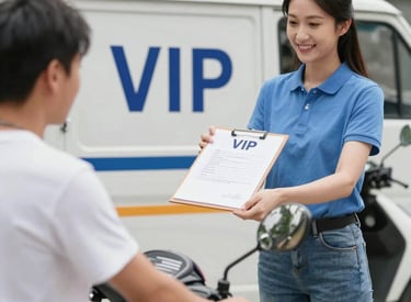 Courier handing over package to a smiling corporate client.