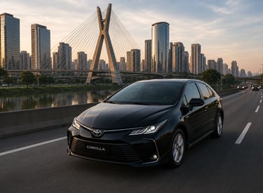 Carro corolla andando na marginal pinheiros em são paulo com a ponte estaiada de fundo